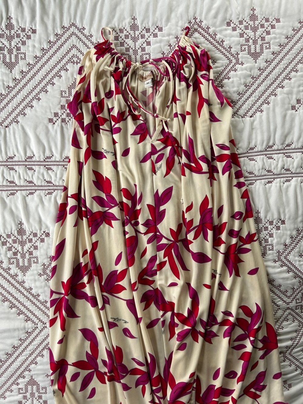 Mara Hoffman Cream Maxi Dress with Red and Fuchsia Leaf Print